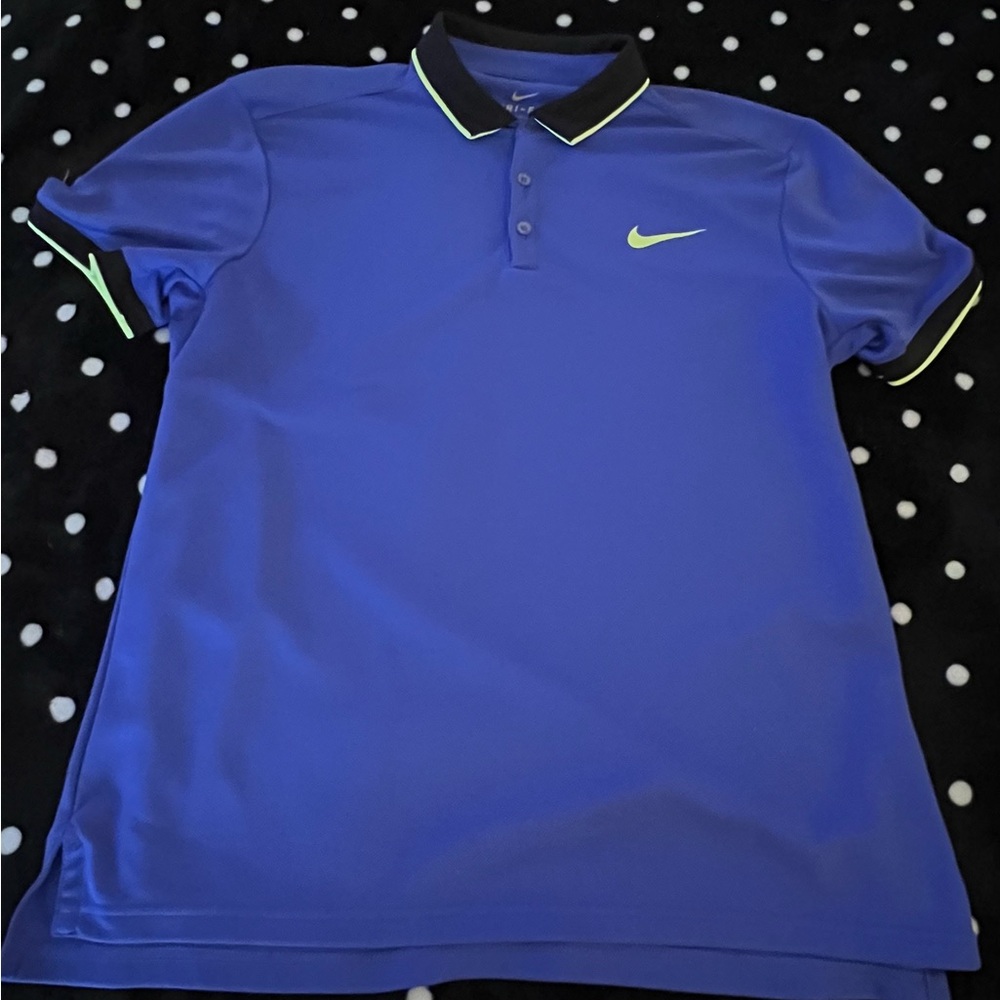 Nike Men's Blue Polo with Black and Neon Green Accents
